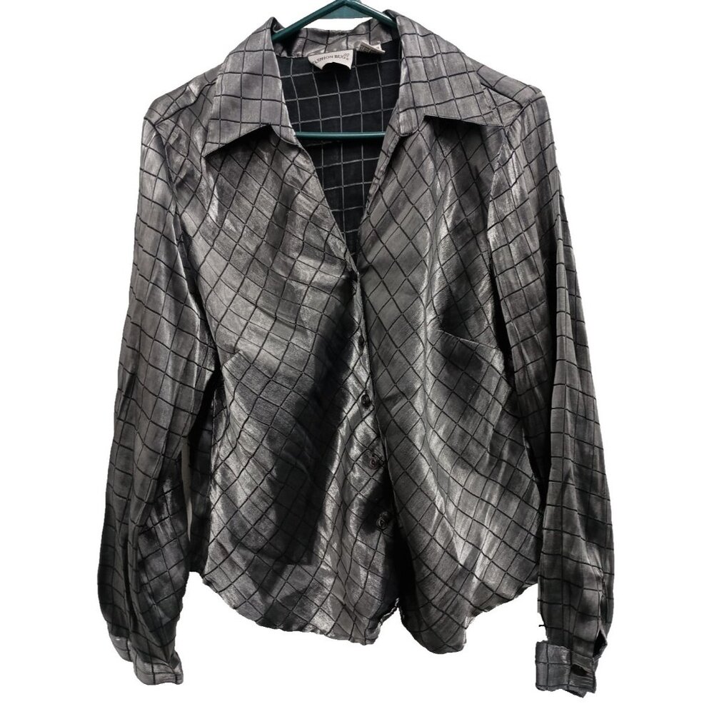 VTG 90s Fashion Bug Womens Top Large Silver Metallic Satin Plaid Glam Gothic